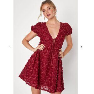 Lulus NWT Burgundy Lace Dress L | 3D Floral Appliqué Wedding Guest Outfit
